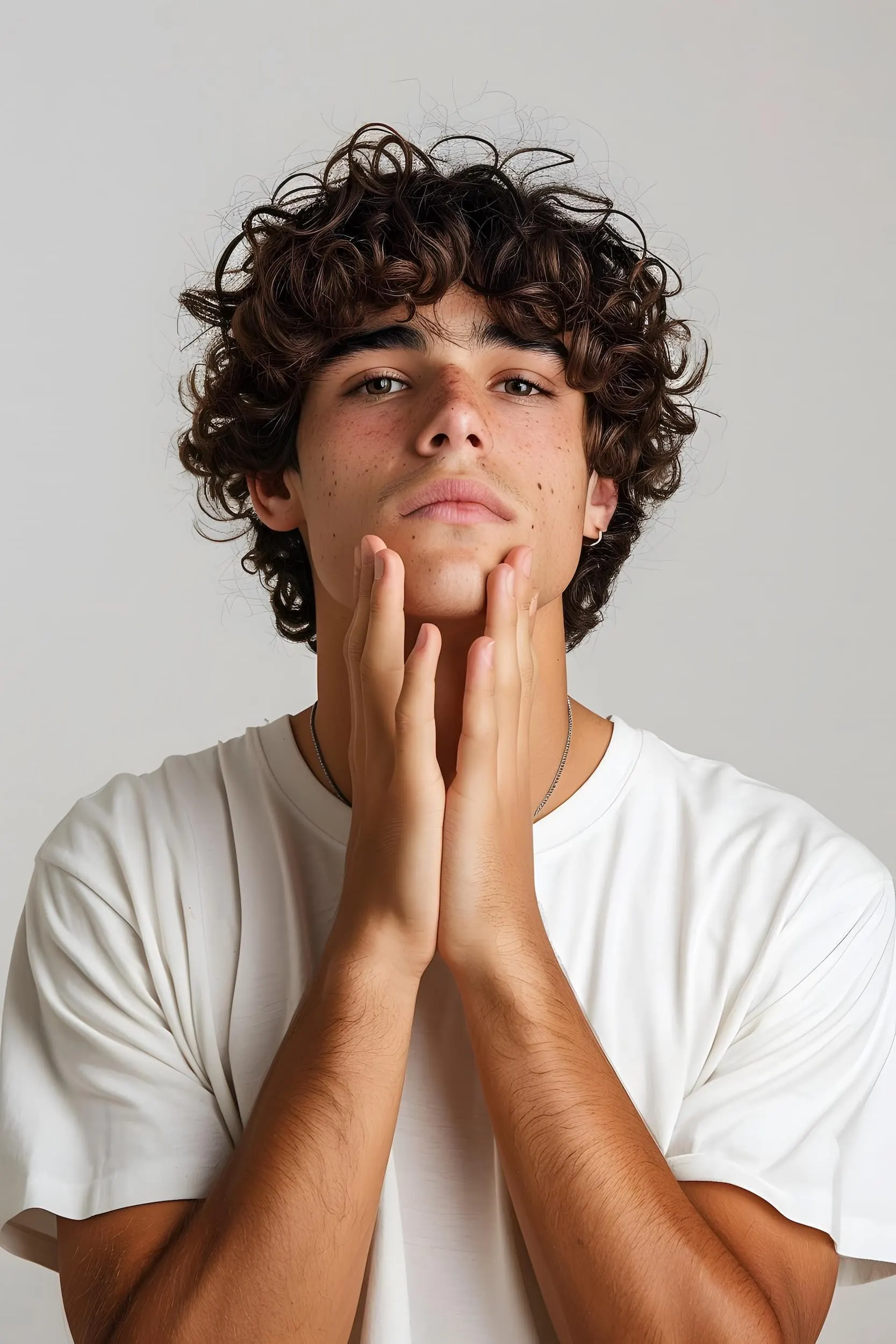 Woman holding her jaw in pain, illustrating common TMJ disorder symptoms like clicking and facial tension
